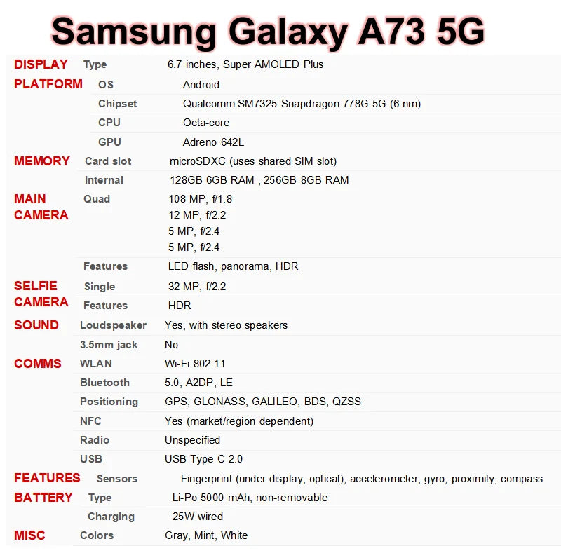 Original Samsung Galaxy A73 A736B Dual Sim 6.7" AMOLED 128GB 26GB ROM Snapdragon Octa Core NFC Unlocked 5G Mobile Phone