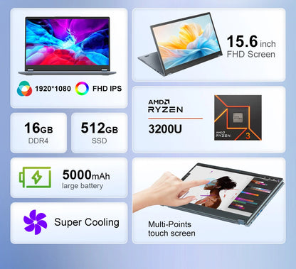 Ninkear YBOOK15 Laptop AMD Ryzen 3 3200U 15.6 Inch 360° Flip FHD IPS 1920*1080 Touchscreen 16G+512GB Backlit Keyboard Windows 11