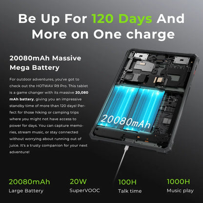 HOTWAV R9 Pro Rugged Tablet 11'' FHD+ 2K Display 20080mAh Massive Battery Pad Android 14 6GB 256GB Camera Global 4G Tablet PC