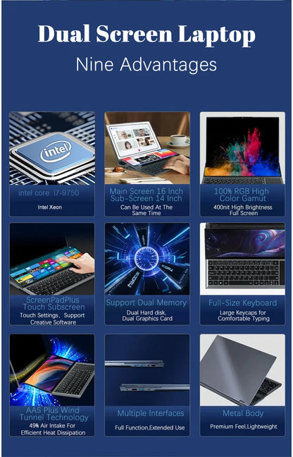 CRELANDER X16 Double Screen Laptops 16 Inch + 14 Inch Touch Screen intel core  i7-9750 Windows 11 Portable PC Notebook Computer