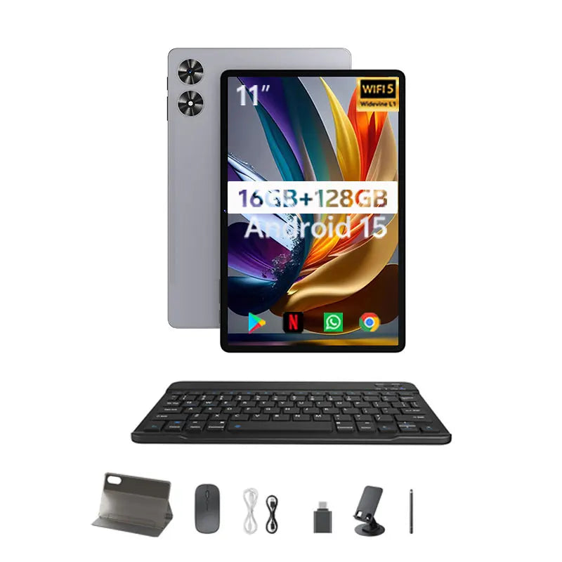 SVITOO Tablet Android 15 2025 11 Inch Unisoc T606 16GB RAM 128GB ROM 8000mAh Battery WiFi 5 BT 5.0 GPS With Case Keyboard Mouse
