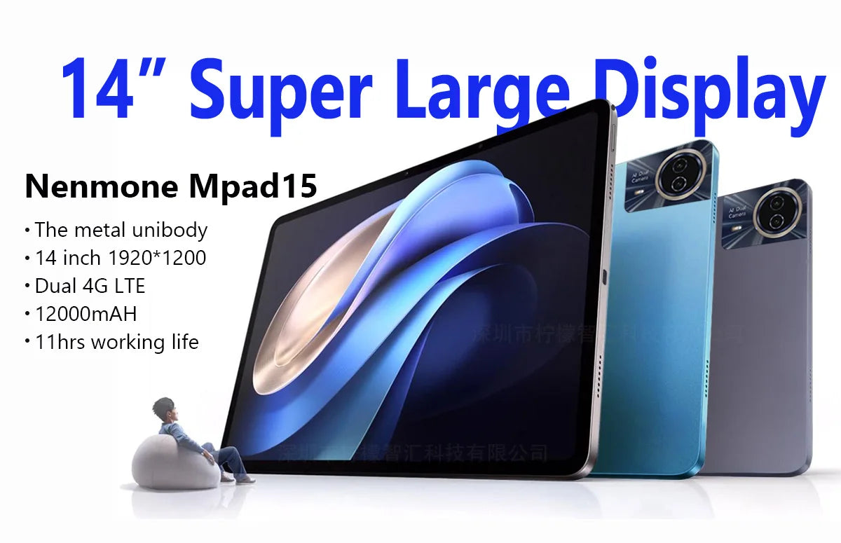 Nenmone Mpad15 14 Inch Tablet Android 15 16GB+512GB 1920*1200 4G Phone Call Tablet 14inch Bluetooth 5G WiFi Pad 12000mAh 32MP