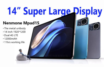 Nenmone Mpad15 14 Inch Tablet Android 15 16GB+512GB 1920*1200 4G Phone Call Tablet 14inch Bluetooth 5G WiFi Pad 12000mAh 32MP