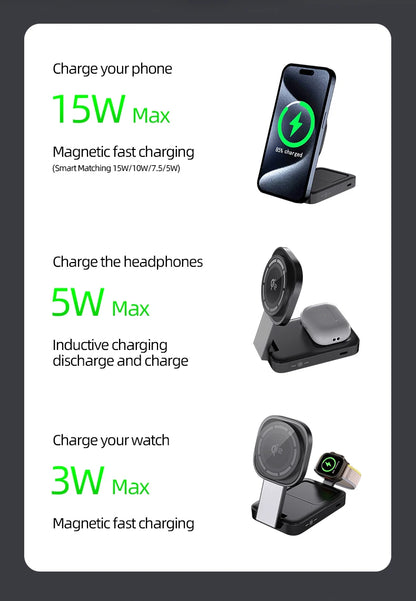 3in1 Magnetic Wireless Charger QI2 Magsafe Folding Wireless Charging Station for iphone 16 pro iWatch AirPods Wireless Charger