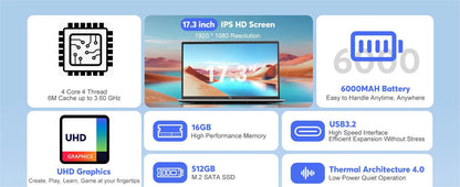 ACEMAGIC 17.3-inch laptop 16GB DDR4 512GB SSD IntelN97/N95/4300 3.6GHz lightweight and portable high-definition WiFi5 180 ° open