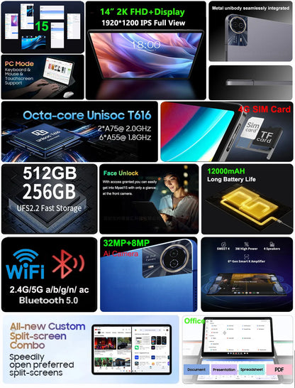 Nenmone Mpad15 14 Inch Tablet Android 15 16GB+512GB 1920*1200 4G Phone Call Tablet 14inch Bluetooth 5G WiFi Pad 12000mAh 32MP