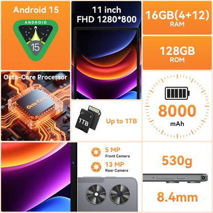 SVITOO Tablet Android 15 2025 11 Inch Unisoc T606 16GB RAM 128GB ROM 8000mAh Battery WiFi 5 BT 5.0 GPS With Case Keyboard Mouse